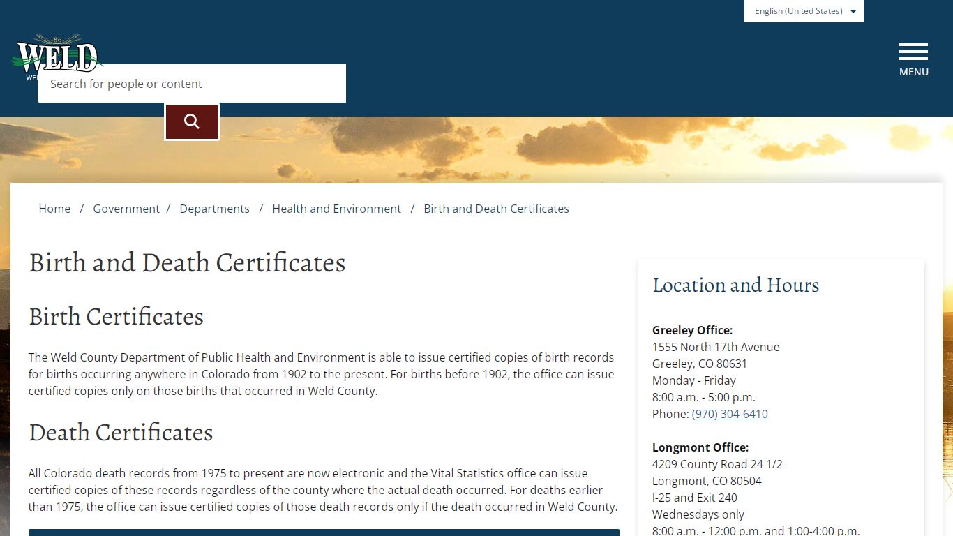 Birth and Death Certificates – Weld County - Weld County, Colorado